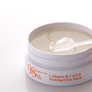 ProtoClinical k-beauty PETITFEE Collagen & CoQ10 Hydrogel Eye Patch (1.4g X 60 Patches) single dark olive round eye patch jar centered on a white background with soft pink side shading