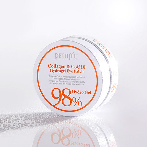 ProtoClinical k-beauty PETITFEE Collagen & CoQ10 Hydrogel Eye Patch (1.4g X 60 Patches) single pale beige eye patch package standing upright on a light background with pale blue side shading