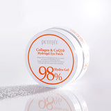 ProtoClinical k-beauty PETITFEE Collagen & CoQ10 Hydrogel Eye Patch (1.4g X 60 Patches) single pale beige eye patch package standing upright on a light background with pale blue side shading