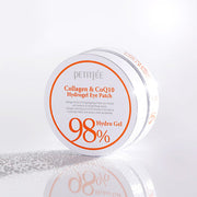 ProtoClinical k-beauty PETITFEE Collagen & CoQ10 Hydrogel Eye Patch (1.4g X 60 Patches) single pale beige eye patch package standing upright on a light background with pale blue side shading