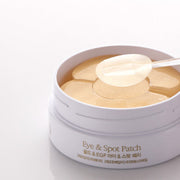 ProtoClinical k-beauty PETITFEE GOLD EGF EYE & SPOT PATCH (EYE patch 1.1g X 60 Patches + SPOT patch 0.6g X 30 Patches) single pale beige eye patch package standing upright on a light background with pale blue and lilac shading