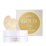 ProtoClinical k-beauty PETITFEE GOLD EGF EYE & SPOT PATCH (EYE patch 1.1g X 60 Patches + SPOT patch 0.6g X 30 Patches) single warm yellow package standing upright on a light background with pale blue corners