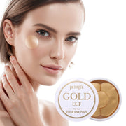ProtoClinical k-beauty PETITFEE GOLD EGF EYE & SPOT PATCH (EYE patch 1.1g X 60 Patches + SPOT patch 0.6g X 30 Patches) single beige vertical package on a light background with a dark round spot at the lower right