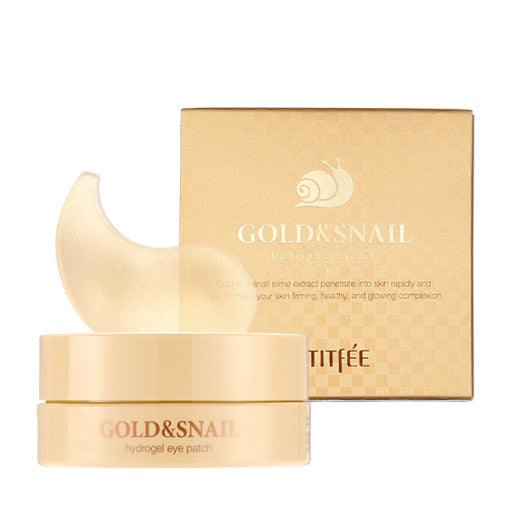 ProtoClinical k-beauty PETITFEE Gold Snail Hydrogel Eye Patch (1.4g X 60 Patches) single warm gold round jar centered on a light background with pale blue corners