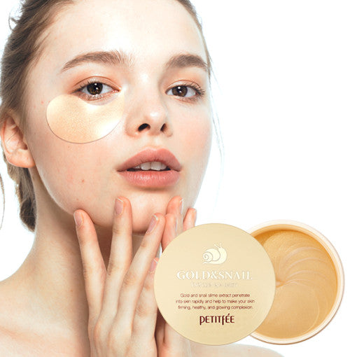 ProtoClinical k-beauty PETITFEE Gold Snail Hydrogel Eye Patch (1.4g X 60 Patches) single beige vertical package on a light background with pale aqua side shading and an olive accent at the lower right