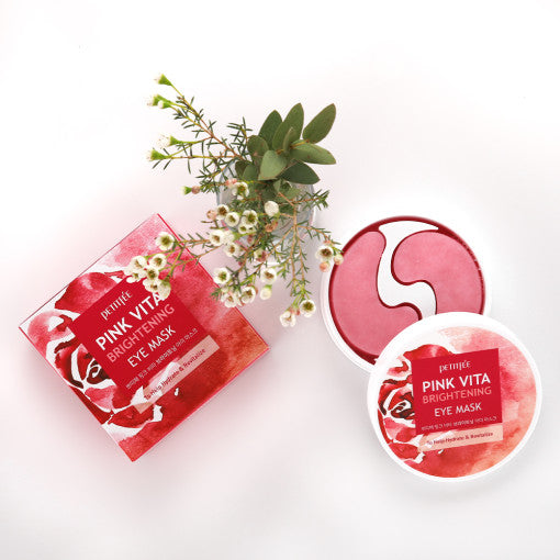 ProtoClinical k-beauty PETITFEE Pink Vita Brightening Eye Mask 70g (60 Patches) two bright pink eye mask packages side by side on a pale aqua and white background