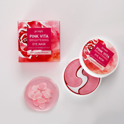 ProtoClinical k-beauty PETITFEE Pink Vita Brightening Eye Mask 70g (60 Patches) single bright pink round jar centered on a pale aqua background
