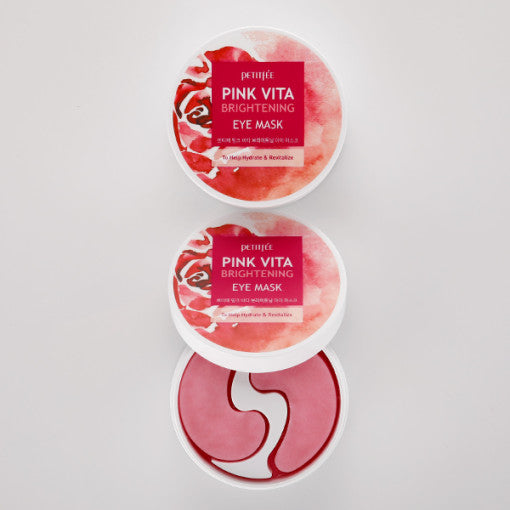 ProtoClinical k-beauty PETITFEE Pink Vita Brightening Eye Mask 70g (60 Patches) single bright pink eye mask package standing upright on a pale aqua and white background