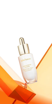 ProtoClinical k-beauty Sulwhasoo Concentrated Ginseng Brightening Ampoule 20g campaign image with soft blue, pale yellow, and warm orange tones.