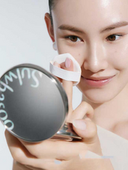 ProtoClinical k-beauty beauty graphic in soft beige and peach tones on a light background.