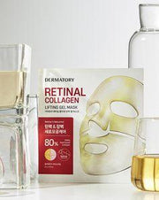 ProtoClinical k-beauty DERMATORY Retinal Collagen Lifting Gel Mask 22g X 3ea pink gel mask sachet beside a beige box on a pale neutral background