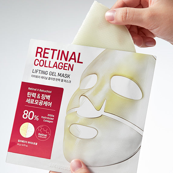 ProtoClinical k-beauty DERMATORY Retinal Collagen Lifting Gel Mask 22g X 3ea pink gel mask sachet beside a beige box on a pale neutral background