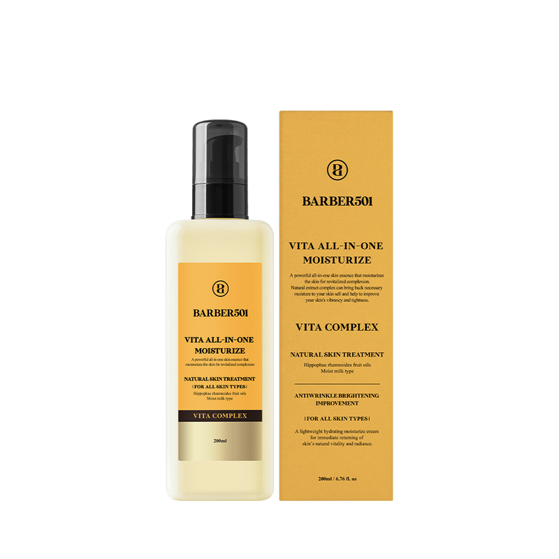 ProtoClinical k-beauty BARBER501 ALL-IN-ONE Moisturize 200ml #VITA single upright beige bottle centered on a light background