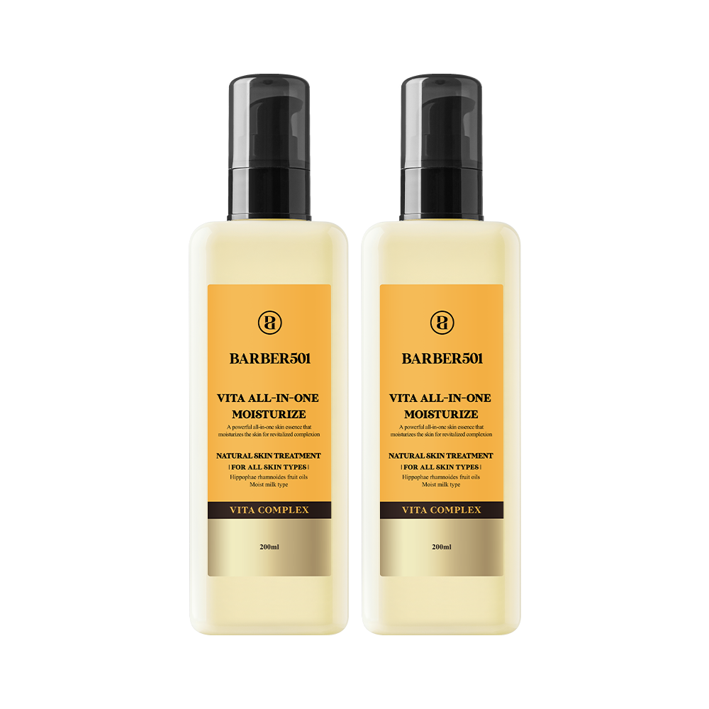 ProtoClinical k-beauty BARBER501 ALL-IN-ONE Moisturize 200ml #VITA two upright beige bottles side by side on a light background