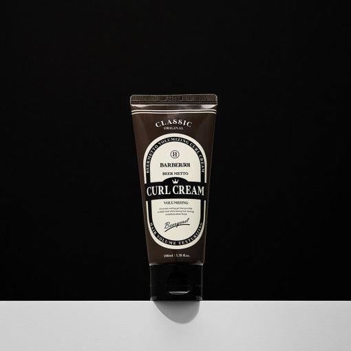 ProtoClinical k-beauty BARBER501 BEER METTO VOLUMIZING CURL CREAM 100ml single upright dark bottle centered on a black background with a white base
