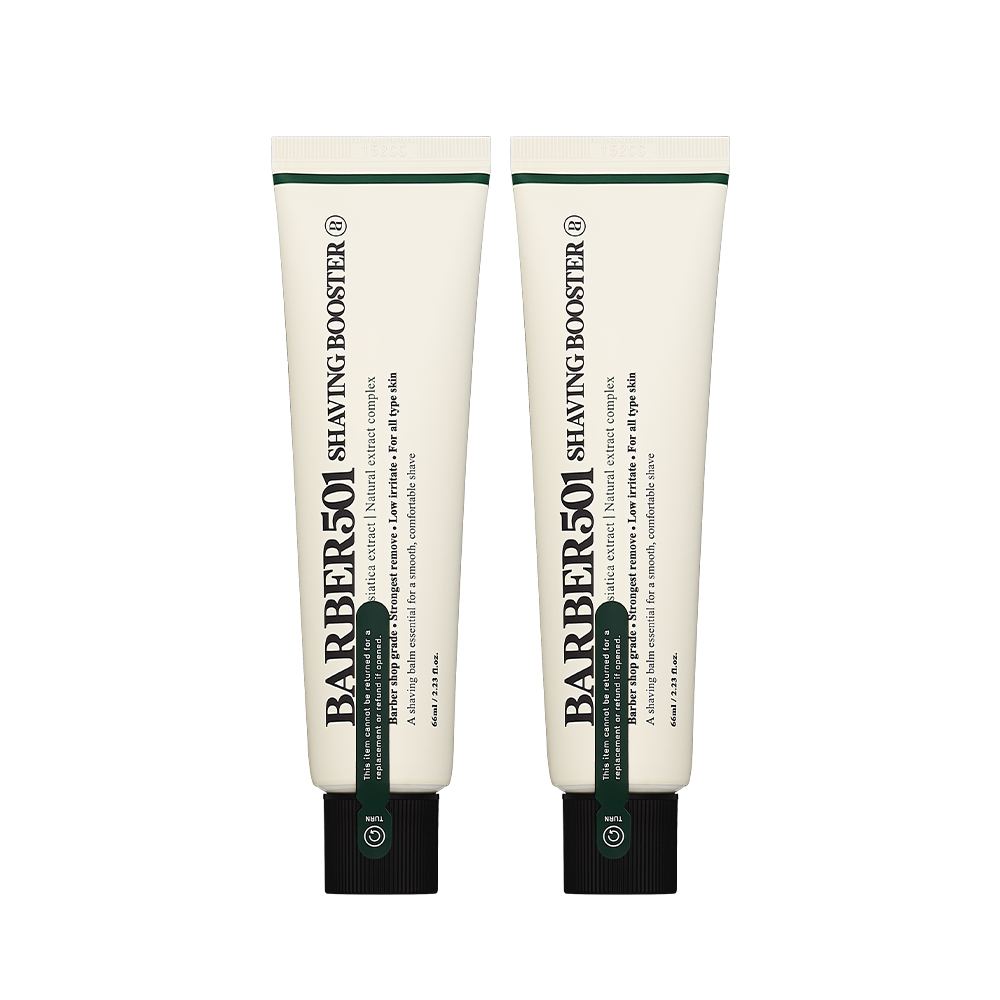 ProtoClinical k-beauty BARBER501 Shaving Booster Balm #Green(Cica) product set on a muted beige background.