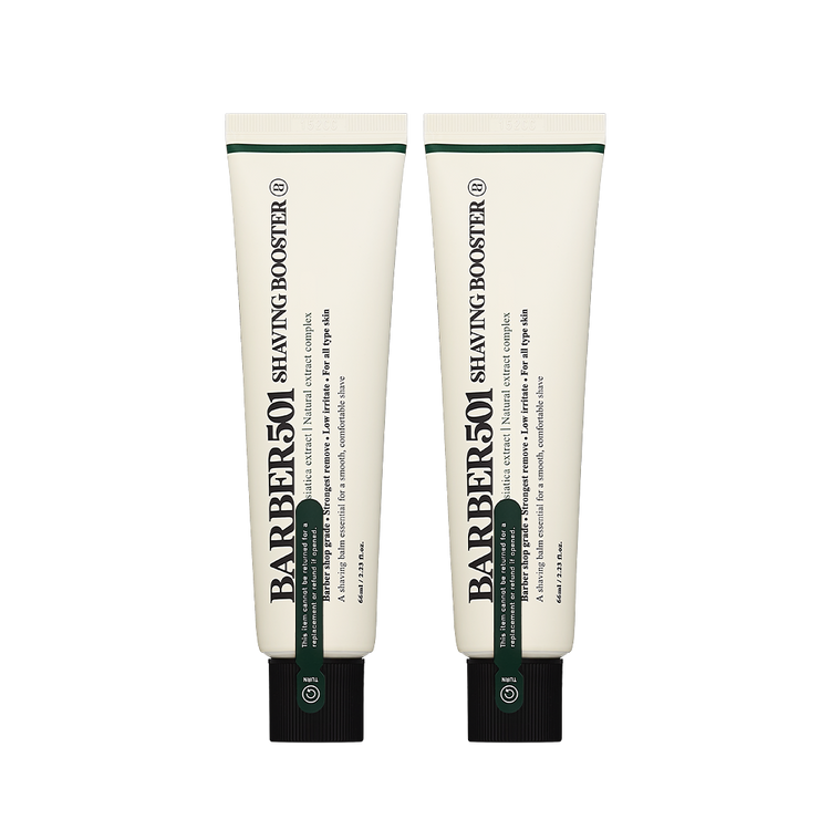 ProtoClinical k-beauty BARBER501 Shaving Booster Balm #Green(Cica) product set on a muted beige background.