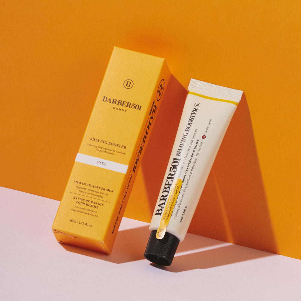 ProtoClinical k-beauty BARBER501 Shaving Booster Balm 66ml #Yellow(Vita) product detail image on a warm yellow-orange background.