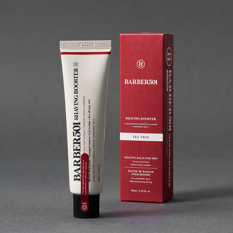 ProtoClinical k-beauty BARBER501 Shaving Booster Balm 66ml Red(Tea Tree) product packaging shown on a clean white background.