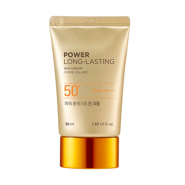 ProtoClinical k-beauty THE FACE SHOP POWER LONG-LASTING SUN CREAM SPF50+ PA+++ 50ml as a single upright beige package with a darker base centered on a white background
