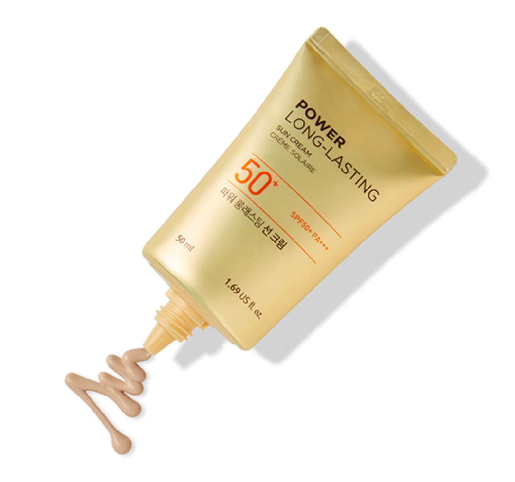 ProtoClinical k-beauty THE FACE SHOP POWER LONG-LASTING SUN CREAM SPF50+ PA+++ 50ml as a single angled beige rounded package on a pale blue and white background