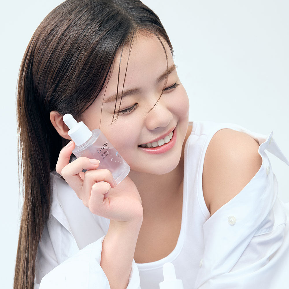 ProtoClinical k-beauty Luvum Bamboo Hyaluronic Moisture Serum 50ml warm beige product detail on a pale blue background