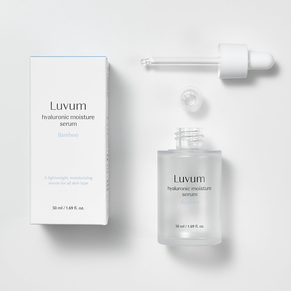 ProtoClinical k-beauty Luvum Bamboo Hyaluronic Moisture Serum 50ml close-up serum packaging detail on a pale blue background