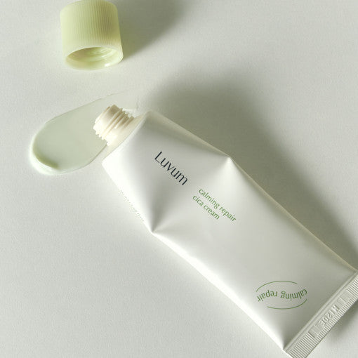 ProtoClinical k-beauty Luvum Calming Repair Cica Cream 50ml pale green package detail on a light background.