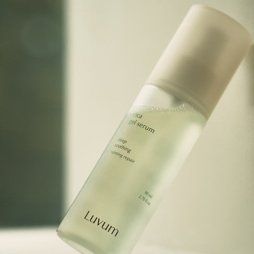 ProtoClinical k-beauty Luvum Calming Repair Cica Gel Serum 80ml dark olive and beige package on a light background.