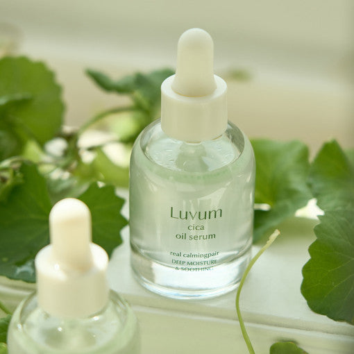 ProtoClinical k-beauty Luvum Calming Repair Cica Oil Serum 30ml pale green and beige product packaging on a light background