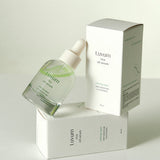 ProtoClinical k-beauty Luvum Calming Repair Cica Oil Serum 30ml abstract product graphic with three pale green vertical silhouettes and beige lower tones on a light background