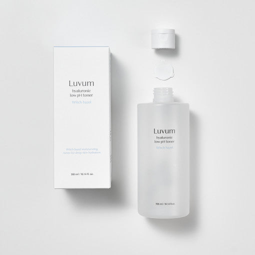 ProtoClinical k-beauty Luvum Witch Hazel Hyaluronic Low pH Toner 300ml light beige vertical package silhouette with dark side framing on a pale background
