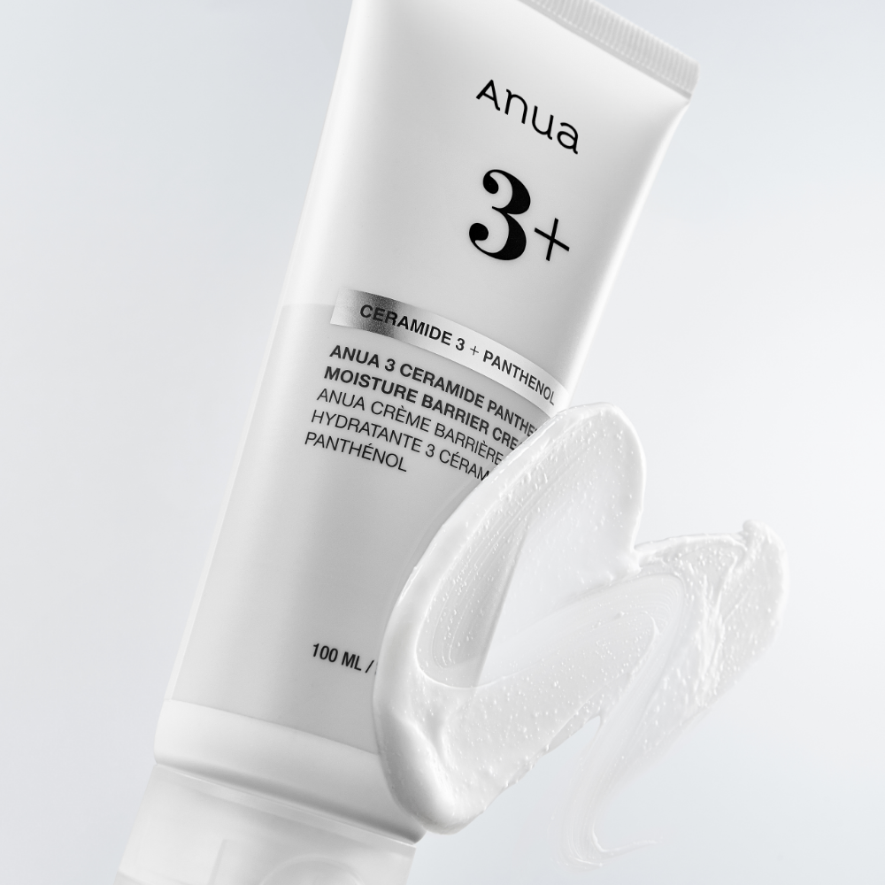 Anua 3 Ceramide Panthenol Moisture Barrier Cream 100ml by ProtoClinical displayed in a branded cream product visual with packaging details, highlighting a k-beauty skincare routine.