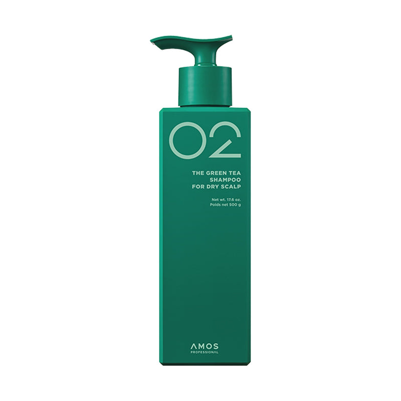 ProtoClinical k-beauty amos PROFESSIONAL THE GREEN TEA SHAMPOO FOR DRY SCALP 500ml shown in product packaging on a light background.