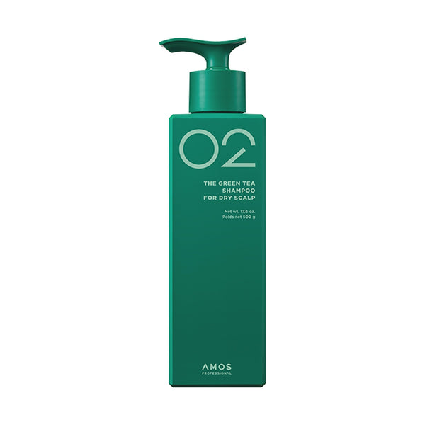 ProtoClinical k-beauty amos PROFESSIONAL THE GREEN TEA SHAMPOO FOR DRY SCALP 500ml shown in product packaging on a light background.