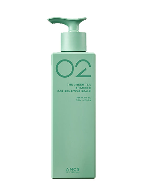 ProtoClinical k-beauty amos PROFESSIONAL THE GREEN TEA SHAMPOO FOR SENSITIVE SCALP 500ml shown in product packaging on a light background.