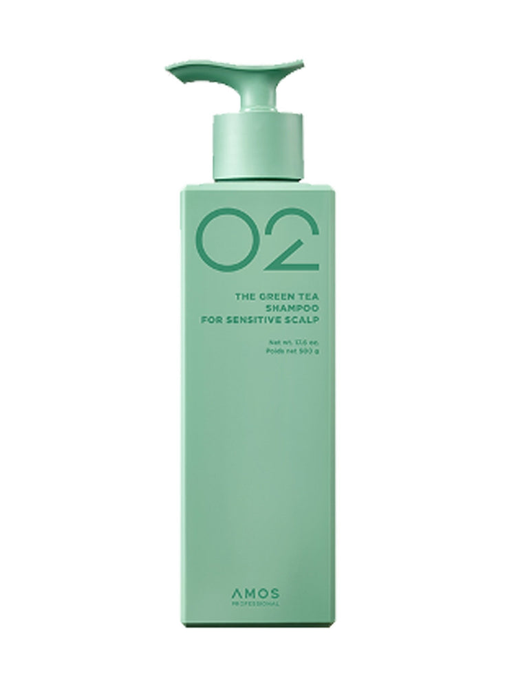 ProtoClinical k-beauty amos PROFESSIONAL THE GREEN TEA SHAMPOO FOR SENSITIVE SCALP 500ml shown in product packaging on a light background.