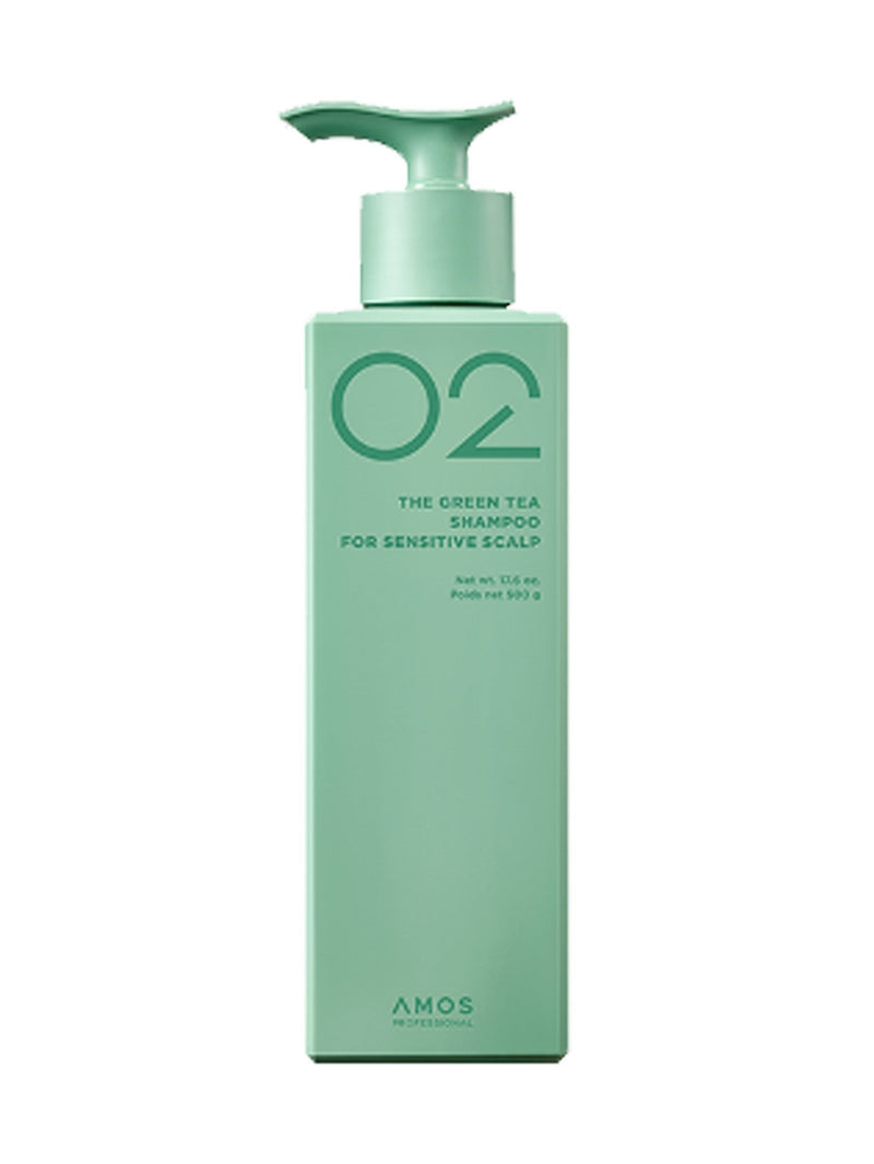 ProtoClinical k-beauty amos PROFESSIONAL THE GREEN TEA SHAMPOO FOR SENSITIVE SCALP 500ml shown in product packaging on a light background.