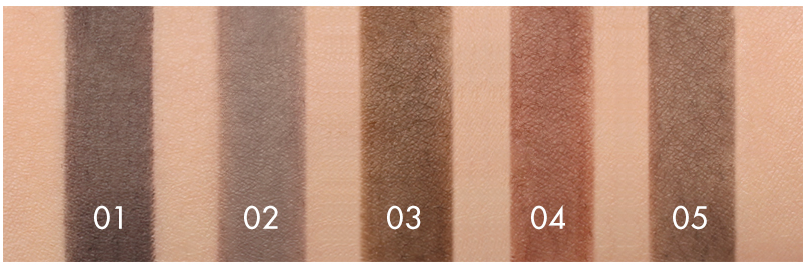 ProtoClinical k-beauty TONYMOLY Easy Touch Auto Eyebrow multiple slim eyebrow pencils arranged side by side in beige, brown, and mauve tones on a light background