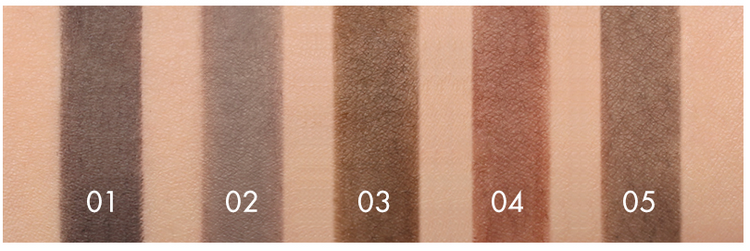 ProtoClinical k-beauty TONYMOLY Easy Touch Auto Eyebrow multiple slim eyebrow pencils arranged side by side in beige, brown, and mauve tones on a light background