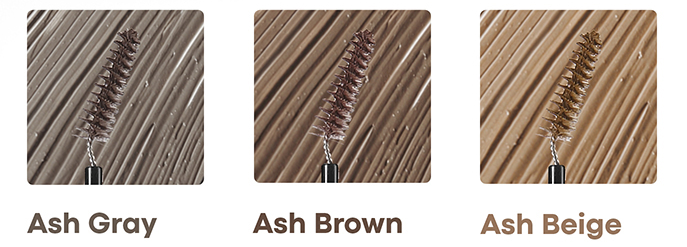 ProtoClinical k-beauty TONYMOLY Eye Tone Skinny Brow Mascara 3.5g three brown mascara swatches side by side on a pale background