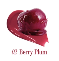 ProtoClinical k-beauty TONYMOLY Get It Tint Glaze Balm glossy deep berry lip tint swatch angled diagonally on a white background with pale aqua corners