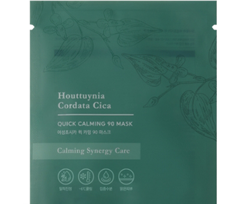 ProtoClinical k-beauty TONYMOLY Houttuynia Cordata Cica Quick Calming Mask 20ml X 10ea single sheet mask packet centered on a white background with muted green tones