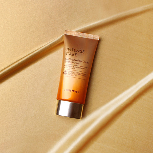 ProtoClinical k-beauty TONYMOLY Intense Care Gold 24K Snail Sun Cream 50ml SPF50+ PA++++ single sunscreen tube in an upright studio packshot on a white background