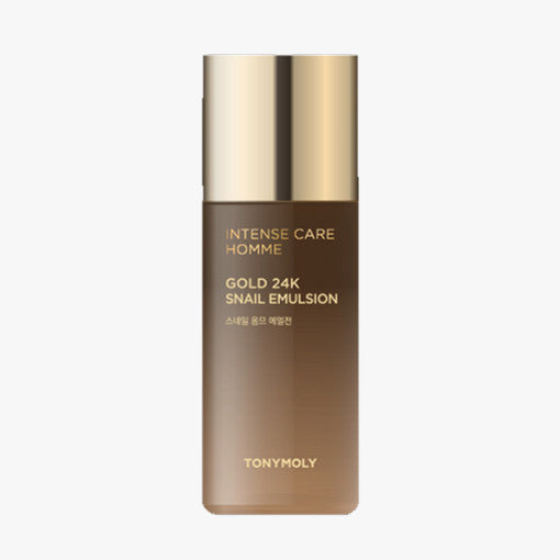 ProtoClinical k-beauty TONYMOLY Intense Care Homme Gold 24K Snail Emulsion 130ml single emulsion package shown in a centered square packshot.