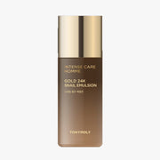 ProtoClinical k-beauty TONYMOLY Intense Care Homme Gold 24K Snail Emulsion 130ml single emulsion package shown in a centered square packshot.