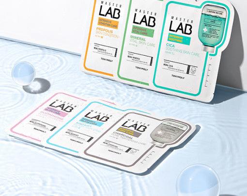ProtoClinical k-beauty TONYMOLY Master Lab Sheet Mask 19g X 10ea single rectangular sheet mask packet centered on a pale blue and white background