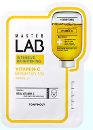 ProtoClinical k-beauty TONYMOLY Master Lab Sheet Mask 19g X 10ea single rectangular sheet mask packet centered on a white background with a pale yellow upper section and soft blue lower tones.
