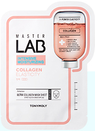 ProtoClinical k-beauty TONYMOLY Master Lab Sheet Mask 19g X 10ea single rectangular sheet mask packet centered on a white background with soft rose-beige upper tones and a pale lavender lower section.