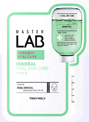 ProtoClinical k-beauty TONYMOLY Master Lab Sheet Mask 19g X 10ea single rectangular sheet mask packet centered on a white background with muted taupe upper tones and a pale lavender lower section.